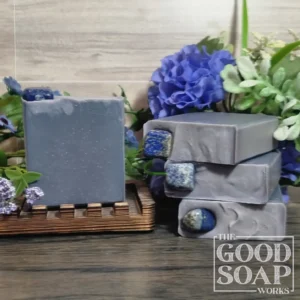 Third Eye Chakra Soap deep midnight blue tallow soap with tumbled lapis lazuli stone