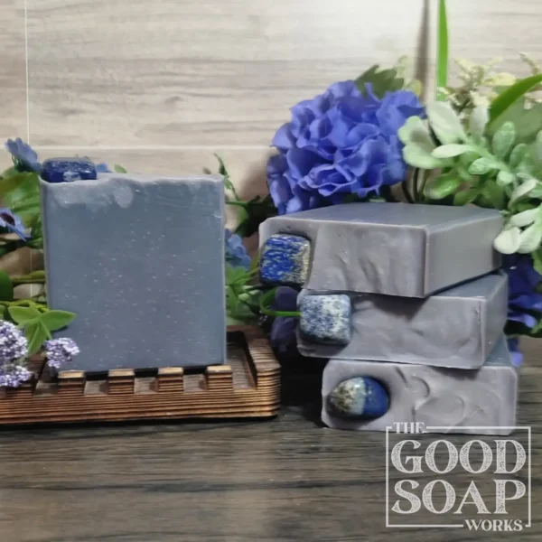 Third Eye Chakra Soap deep midnight blue tallow soap with tumbled lapis lazuli stone