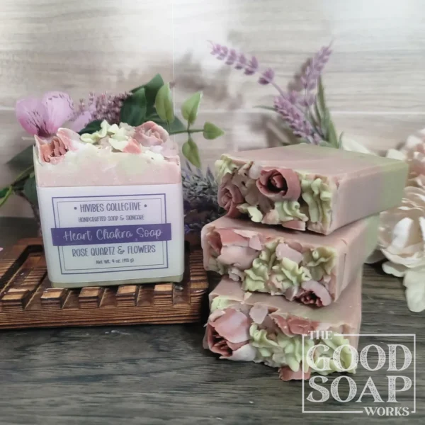 Heart Chakra Soap green and pink layered handcrafted soap with rose quartz crystals and soap flowers labeled
