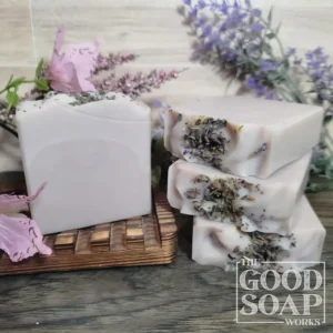 Lavender Soap soft lavender tallow soap with dried lavender buds and poppy seeds on top unlabeled