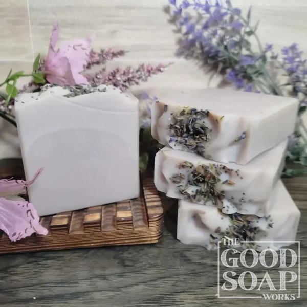 Lavender Soap soft lavender tallow soap with dried lavender buds and poppy seeds on top unlabeled