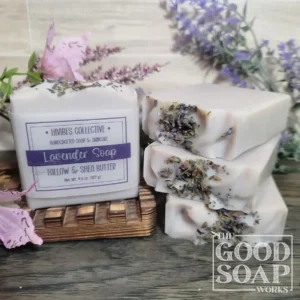 Lavender Soap light purple handcrafted tallow soap with lavender essential oil labeled