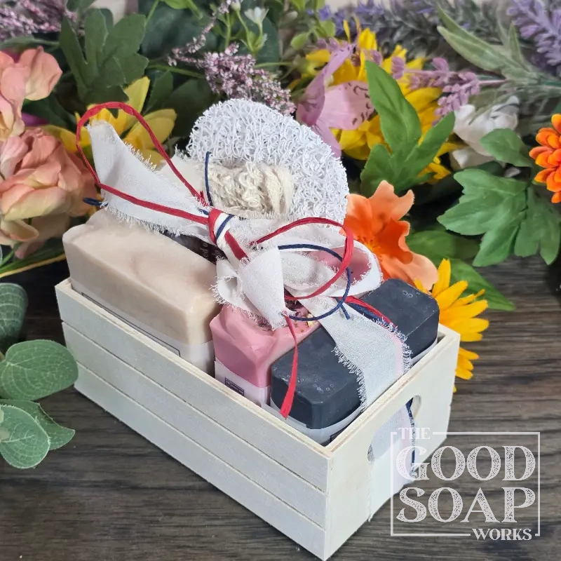 3 Soap Crate with Optional Ribbons in Red, Blue and Frayed Cotton