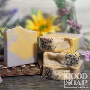 Lemon Lavender Soap yellow and lavender swirl tallow soap with lavender buds and poppy seeds on top unlabeled
