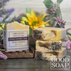 Lemon Lavender Soap lemon and lavender essential oil tallow soap with annatto and alkanet root colorants labeled