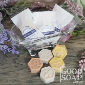 Guest Soaps hexagonal honeycomb and honey bee design handcrafted soap bars in glassine bags with round labels