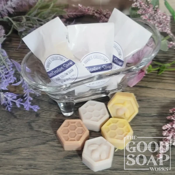 Guest Soaps hexagonal honeycomb and honey bee design handcrafted soap bars in glassine bags with round labels