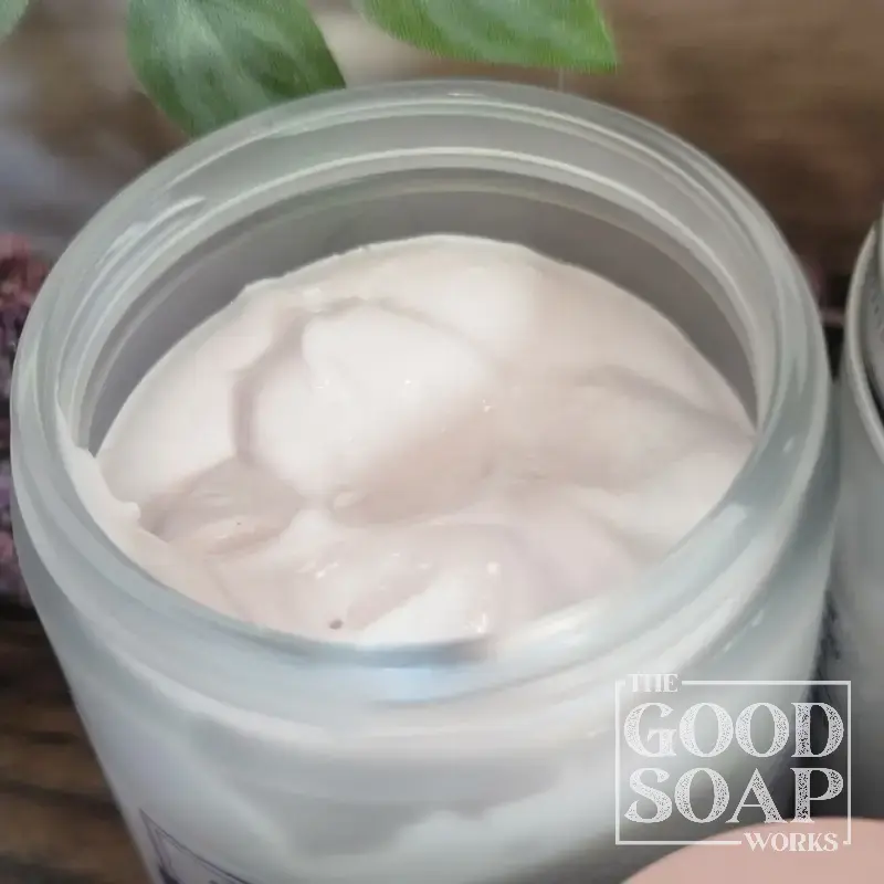 Magnesium Whipped Tallow close up open frosted glass jar showing whipped texture