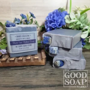 Third Eye Chakra Soap deep blue handcrafted soap with lapis lazuli stone labeled