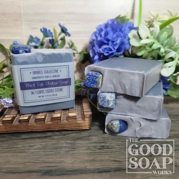 Third Eye Chakra Soap deep blue handcrafted soap with lapis lazuli stone labeled