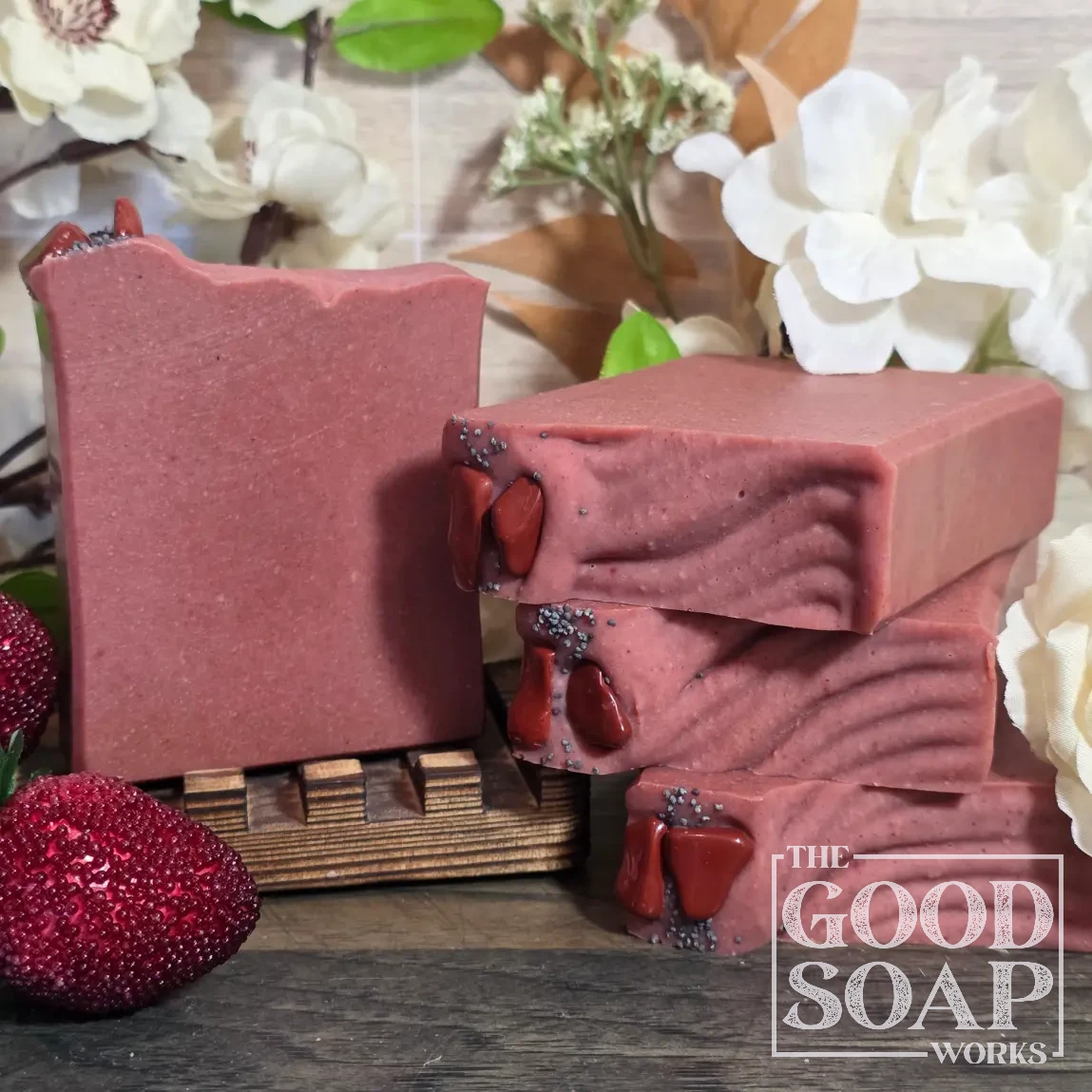 Root Chakra Soap deep watermelon-crimson tallow soap with poppy seeds and red jasper stone unlabeled