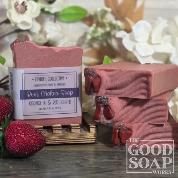 Root Chakra Soap deep watermelon-crimson tallow soap with red jasper stone labeled