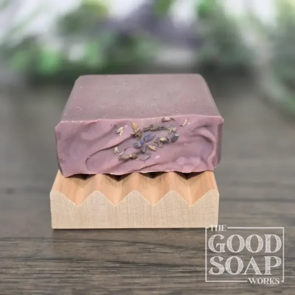 Flat alder wood soap dish with our Violet & Mint Soap to show size - Front View