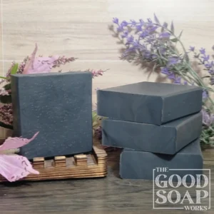 Activated Charcoal Soap Side & Top View on Soap Dish