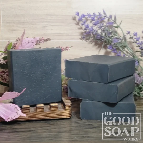 Activated Charcoal Soap Side & Top View on Soap Dish