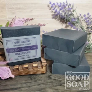 Activated Charcoal Soap Side & Top View on Soap Dish - with label