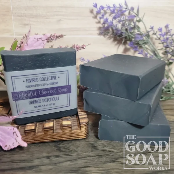 Activated Charcoal Soap Side & Top View on Soap Dish - with label