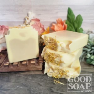 Calendula Soap Top & Side View on Soap Dish - no label