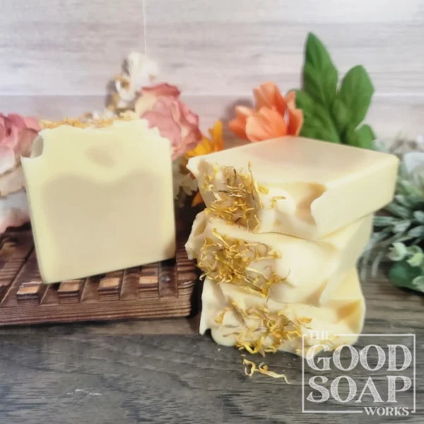 Calendula Soap Top & Side View on Soap Dish - no label