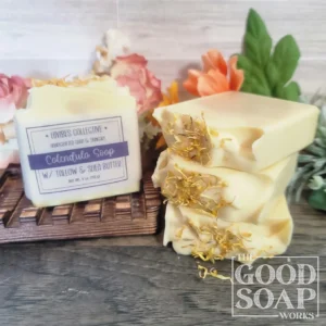 Calendula Soap Top & Side View on Soap Dish - with label
