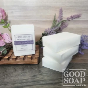 Coconut Oil Laundry Soap Top & Side View on Soap Dish - With Label