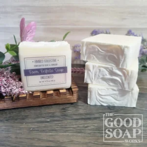 Farm Trifecta Soap Top & Side View on Soap Dish - with label