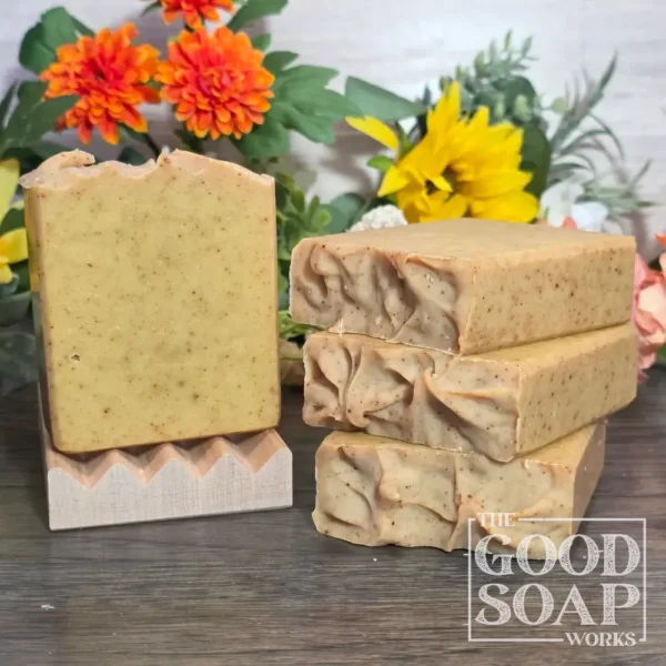 Holiday Woods Tallow Soap light golden brown 100% tallow soap with turmeric specks top and side view on dish