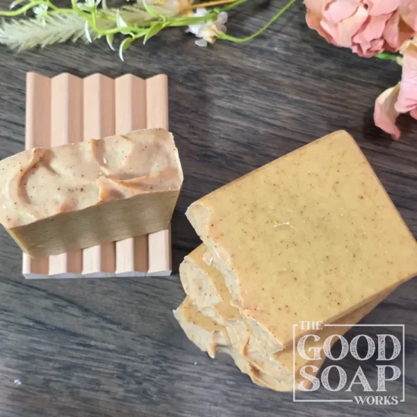 Holiday Woods Tallow Soap woodsy cinnamon scented 100% tallow soap on soap dish