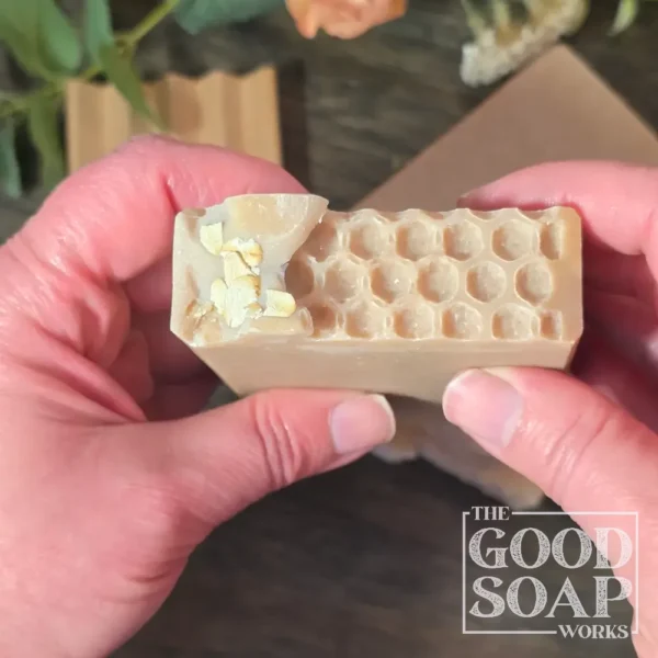 Honeycomb & Oat Soap in hand showing top