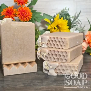 Honeycomb & Oat Soap top and side view on Soap Dish