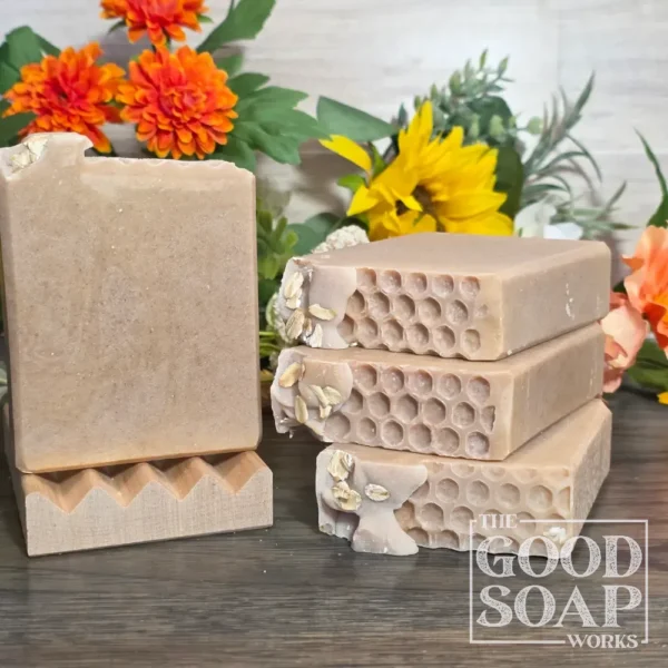 Honeycomb & Oat Soap top and side view on Soap Dish