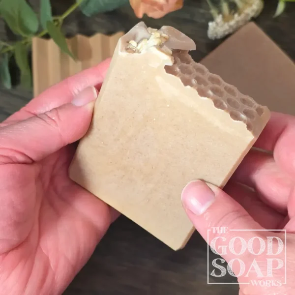 Honeycomb & Oat Soap in hand showing side
