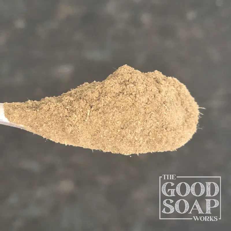 Plantain leaf powder on a wooden spoon — a soothing botanical used in natural soap and herbal skin care