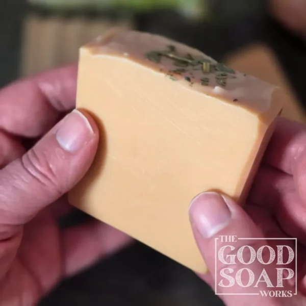 Refresh & Restore Spa Soap sitting in hand showing top and side views