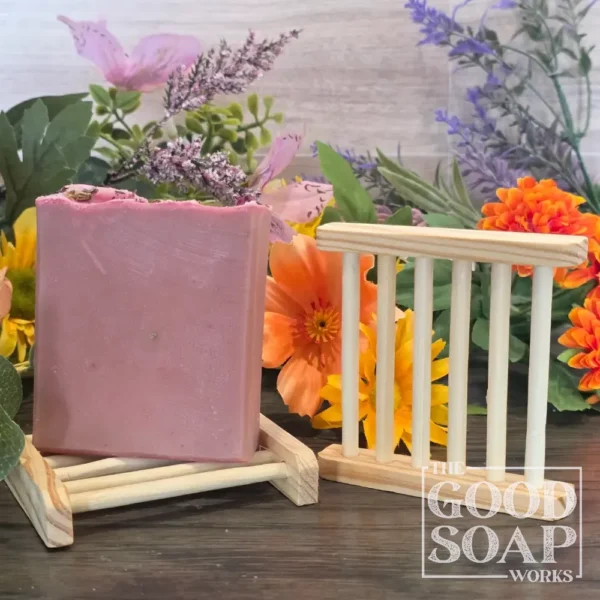 Bamboo ladder-style soap dish with a handmade soap bar elevated above the surface