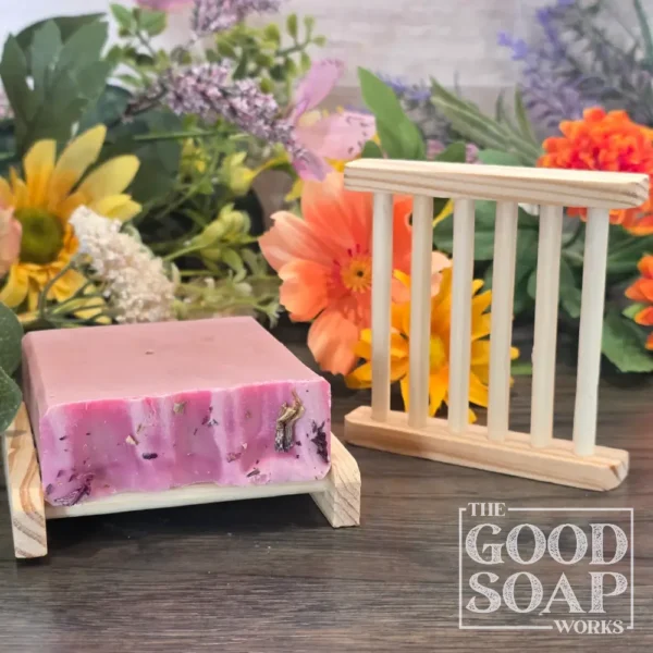 Bamboo soap dish ladder with evenly spaced dowel rungs, shown with a bar of soap resting on top