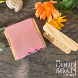 Bamboo soap dish ladder with evenly spaced dowel rungs, shown with a bar of soap resting on top