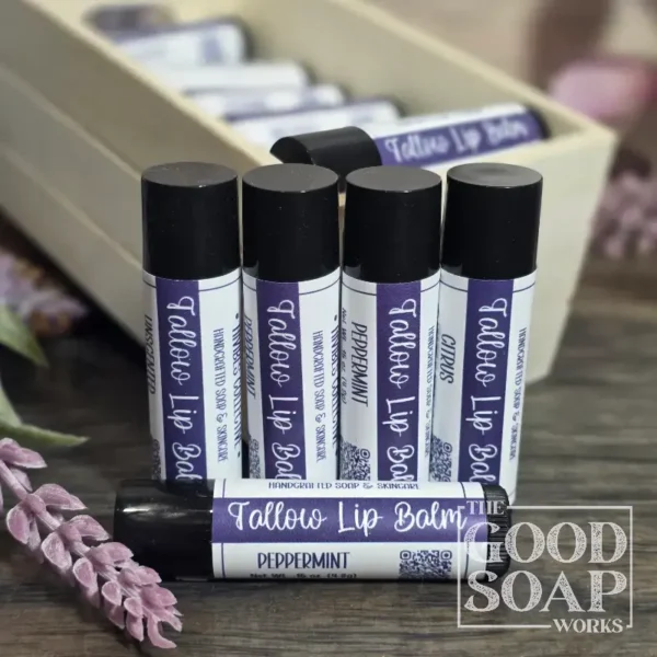 Tallow Lip Balm Scented neutral color tallow and beeswax lip balm tube peppermint and citrus options