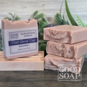 Velvet Blush Soap showing top and sides of this vintage pink soap with label.